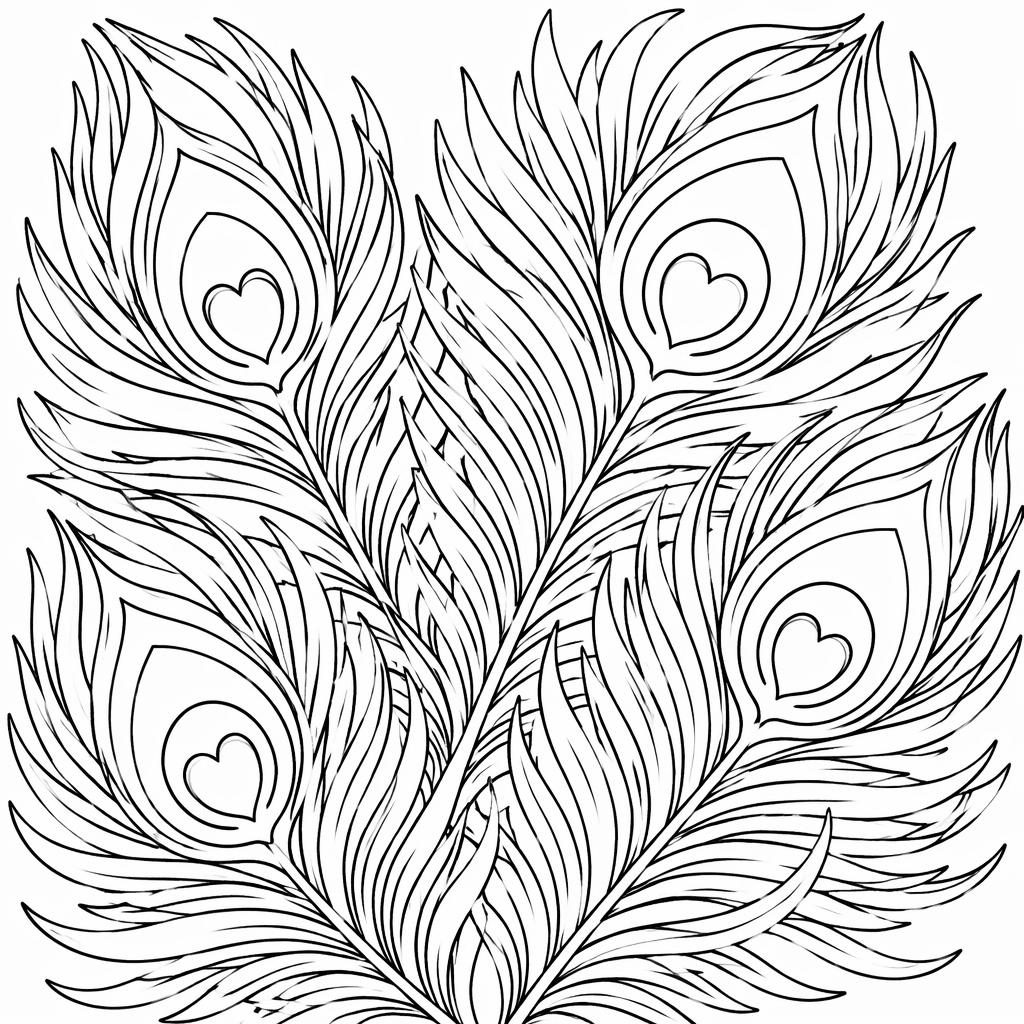 Ilustración en blanco y negro de plumas de pavo real con contornos simples, estilo botánico para colorear.