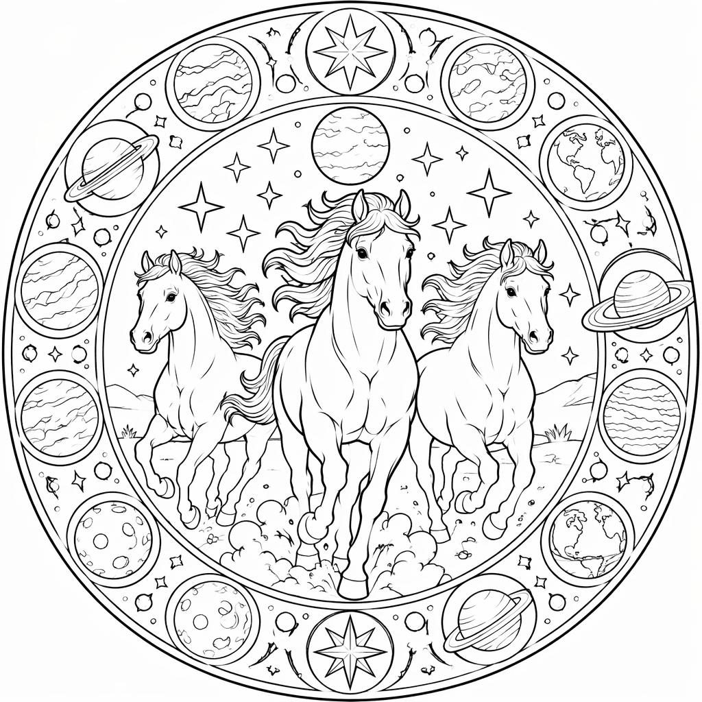 Ilustración en blanco y negro de varios caballos corriendo, con contornos limpios y detallados para colorear.