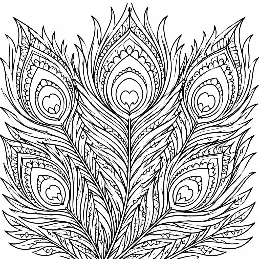 Illustration en noir et blanc de plumes de paon détaillées, style mandala géométrique, à colorier pour enfants.