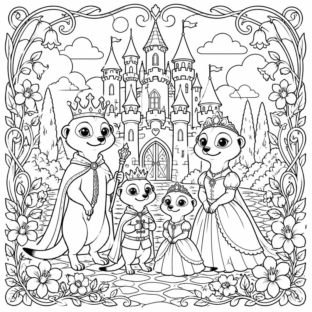 Schwarz-weiße Ausmalbild-Illustration mit märchenhaftem Prinzessinnenschloss und kindgerechten Figuren als Line-Art.