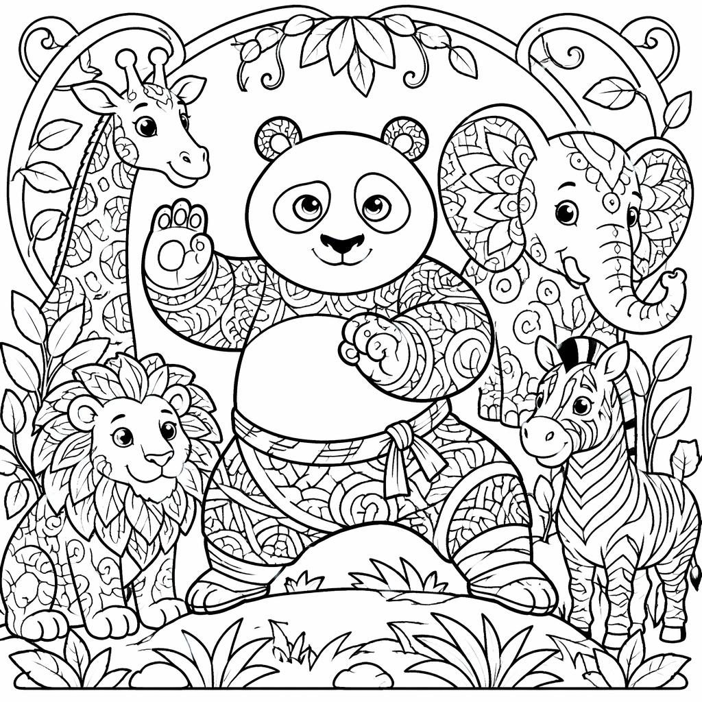 Black-and-white coloring page with simple safari animals in zentangle line art, clean outlines on a white background.