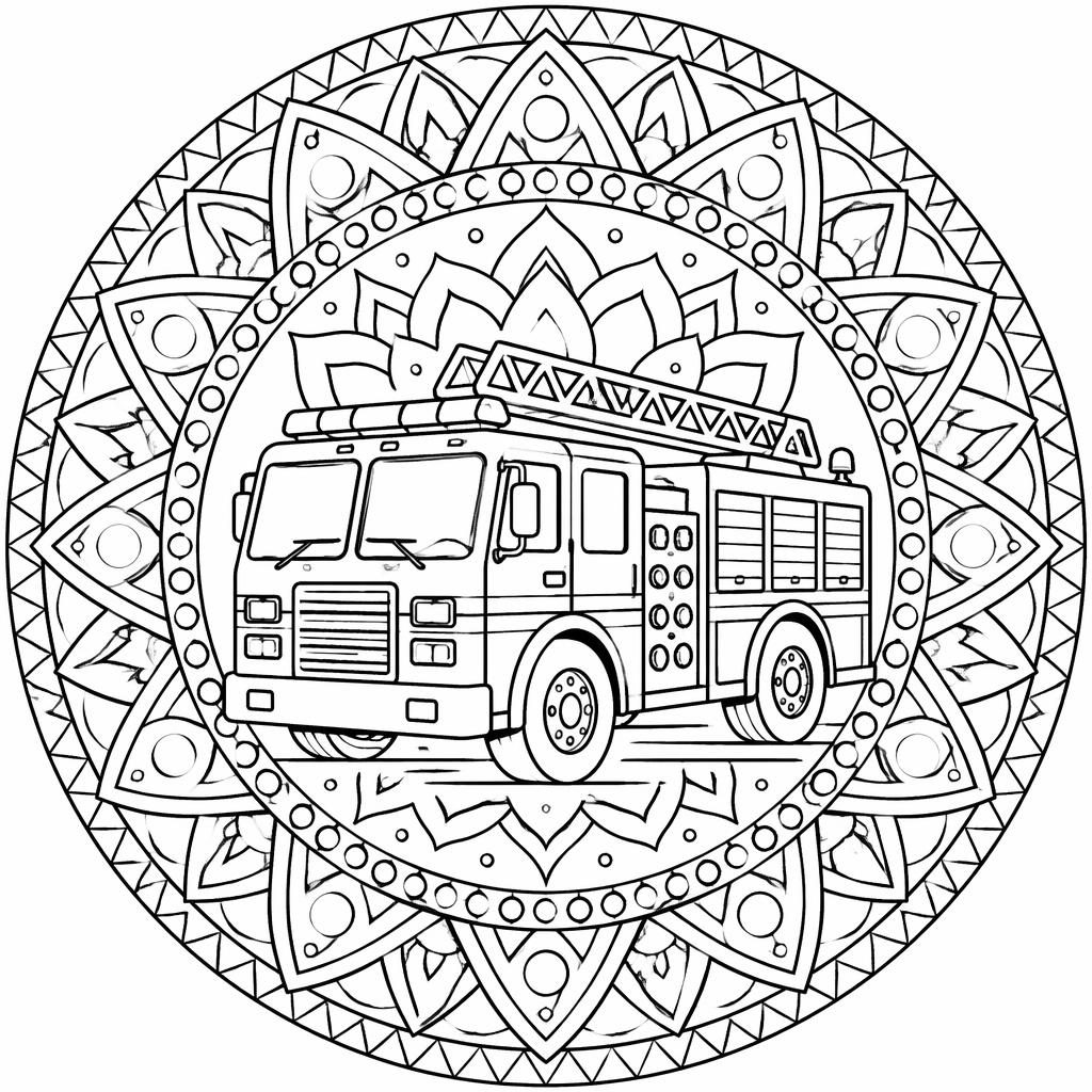 Black-and-white mandala-style fire truck printable coloring page with intricate geometric patterns and clean outlines.