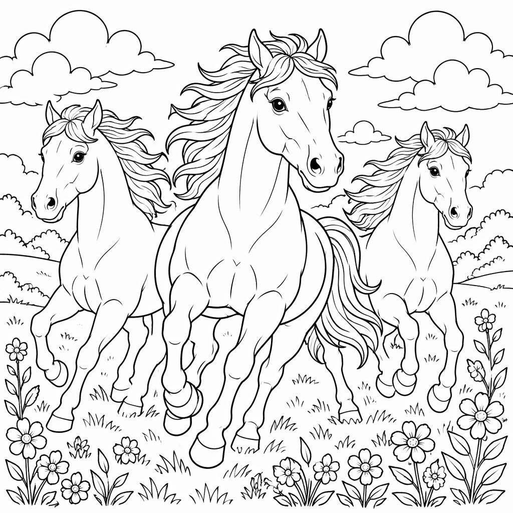 Schwarz-weiße Ausmalbild-Illustration mit mehreren detailreich rennenden Pferden im niedlichen Cartoon-Stil.