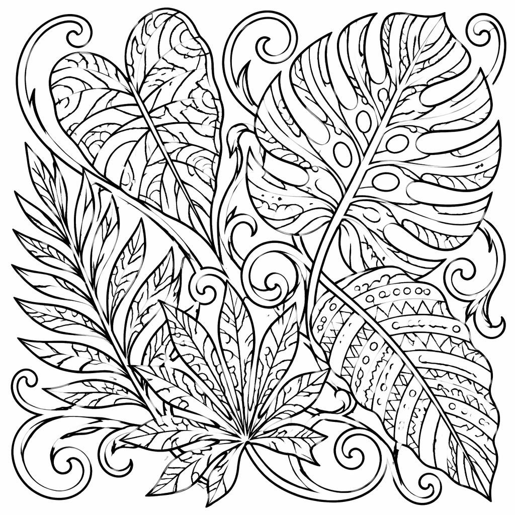 Black-and-white coloring page with tropical leaves in a simple Art Nouveau zentangle line-art style.