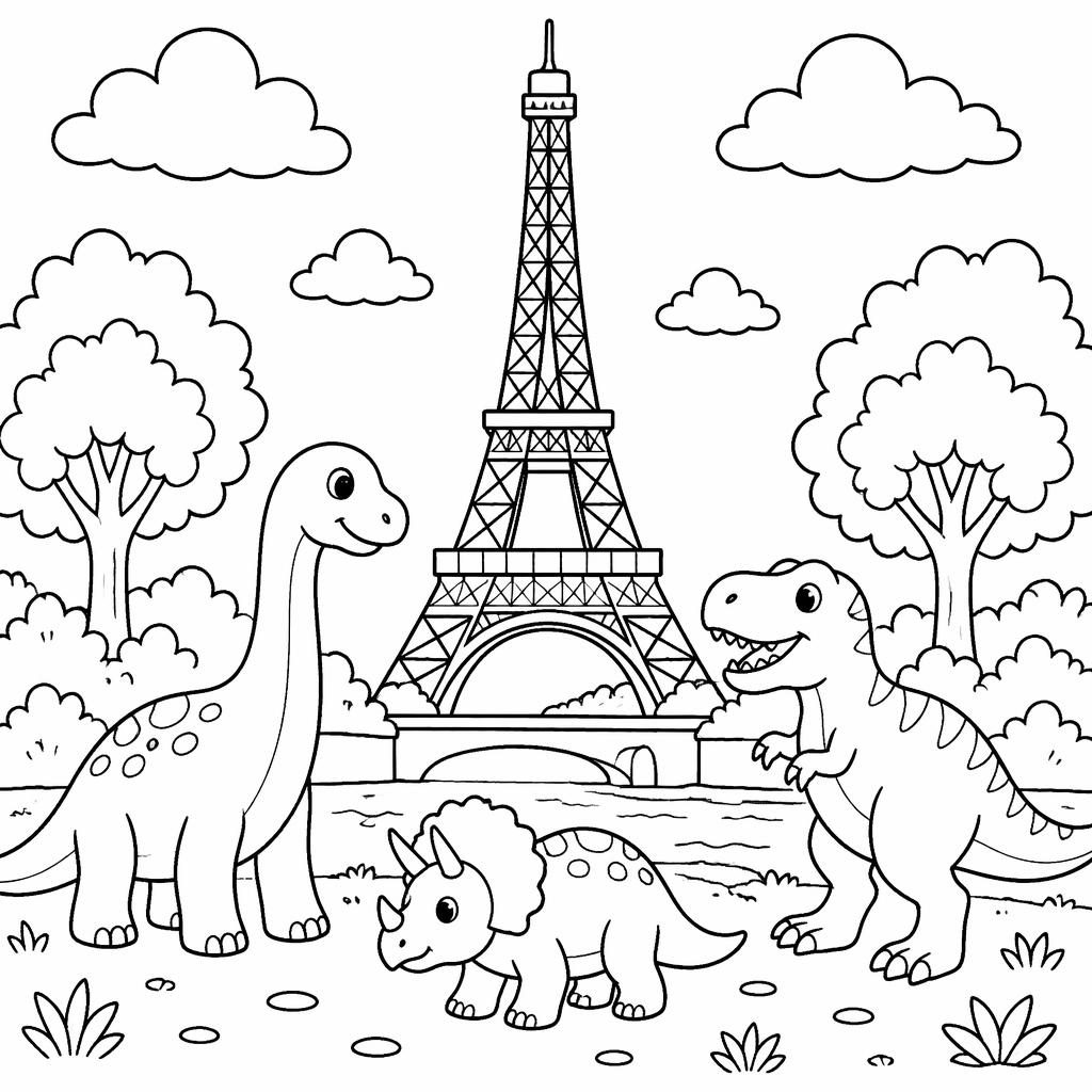 Illustration à colorier en noir et blanc avec scènes de dinosaures pour enfants, contours simples et fond blanc.