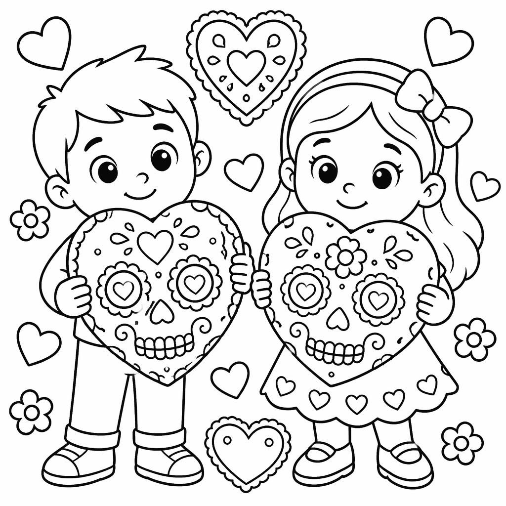 Ilustración para colorear en blanco y negro con corazones de San Valentín estilo infantil, contornos limpios.