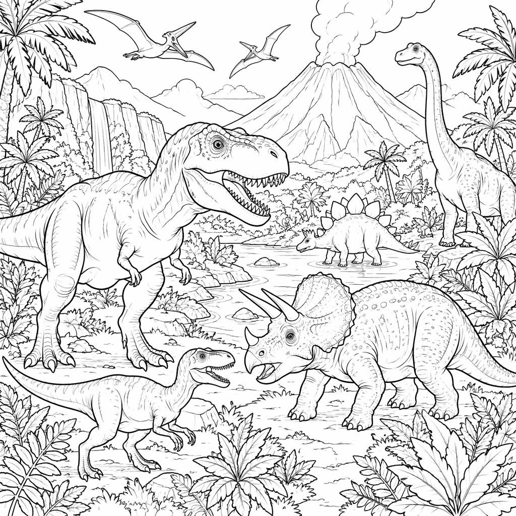 Černobílá omalovánka s dinosauřími scénami pro děti, čisté obrysy, bílá stránka, bez stínování.