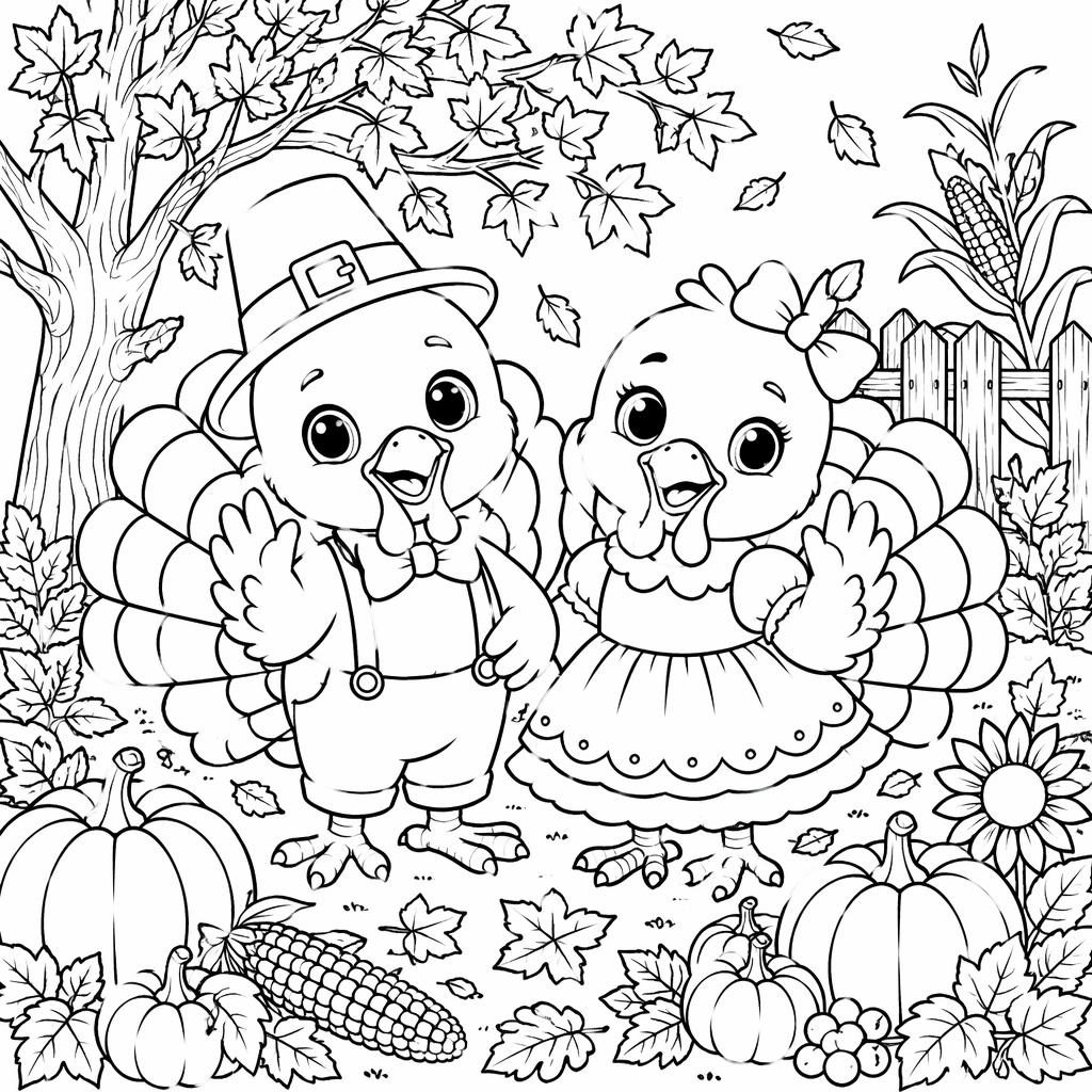 Schwarz-weiße Ausmalseite mit Thanksgiving-Truthahn und Kindern im Manga-Stil, detailreiche klare Konturen