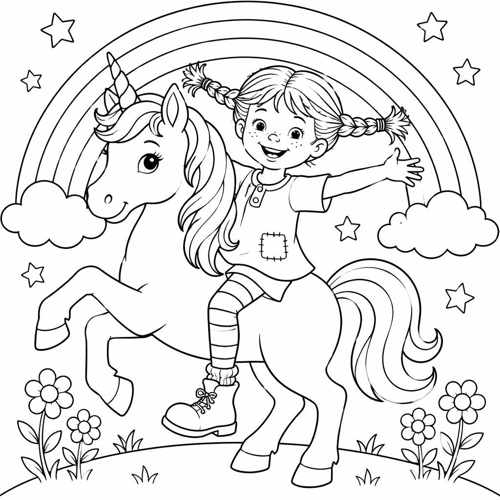 Black-and-white coloring page illustration of: unicorn rainbow simple kids. Audience: kids 11+, moderate detail, cute ca