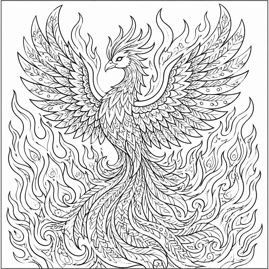 Schwarz-weiße Ausmalseite mit erwachsenem Phönix in Flammen, detailliert im Zentangle-Stil, klare Linien auf weißem Hintergrund