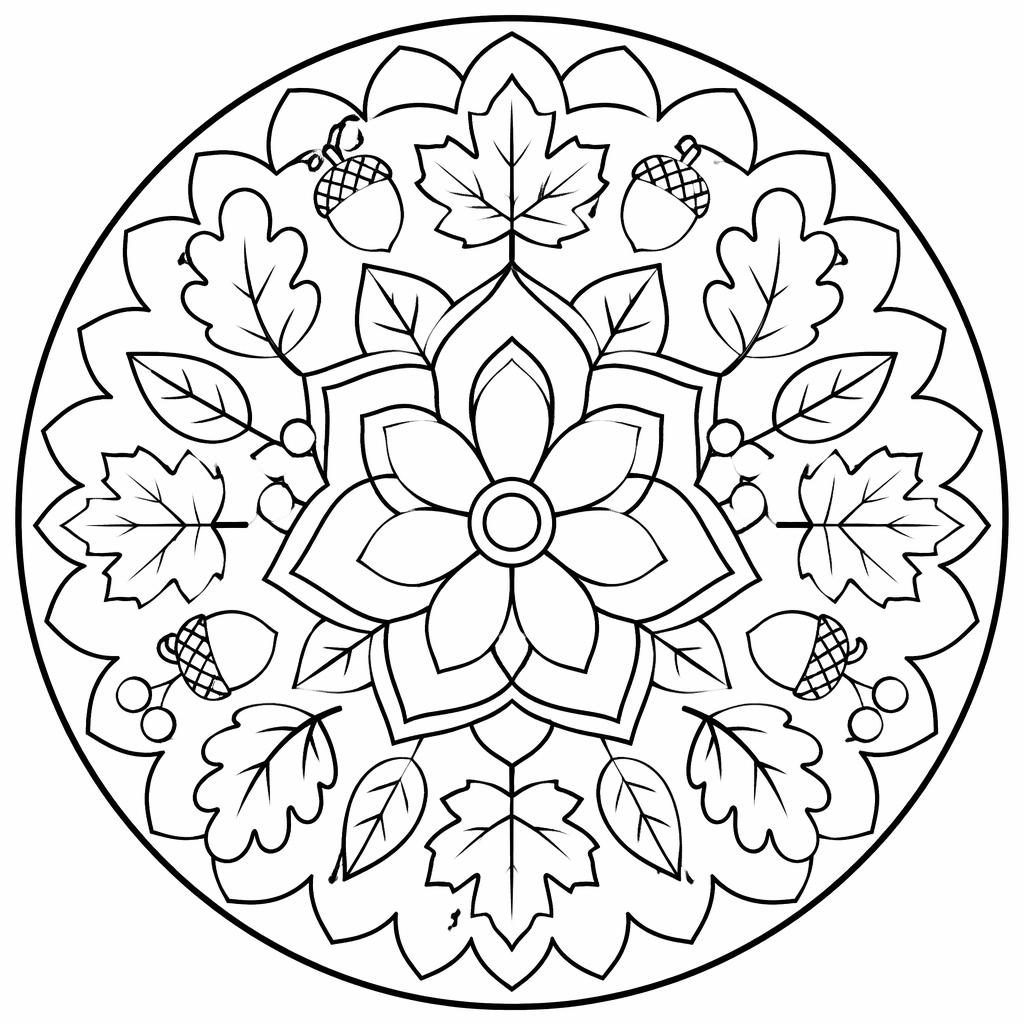 Black-and-white simple mandala geometric coloring page with botanical shapes, bold outlines, and closed spaces.