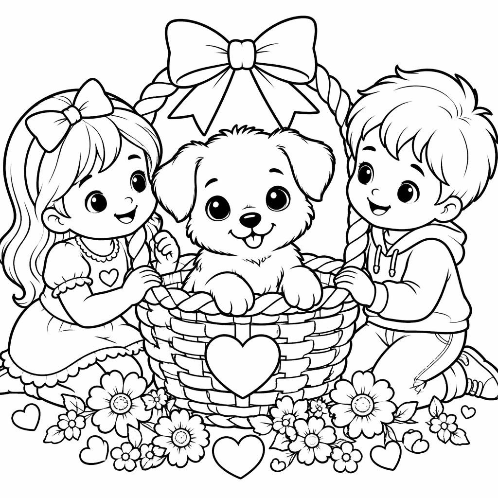 Schwarz-weiße Ausmalseite mit süßem Welpen im Korb und Kindern, als detailreiche Cartoon-Lineart ohne Schattierung