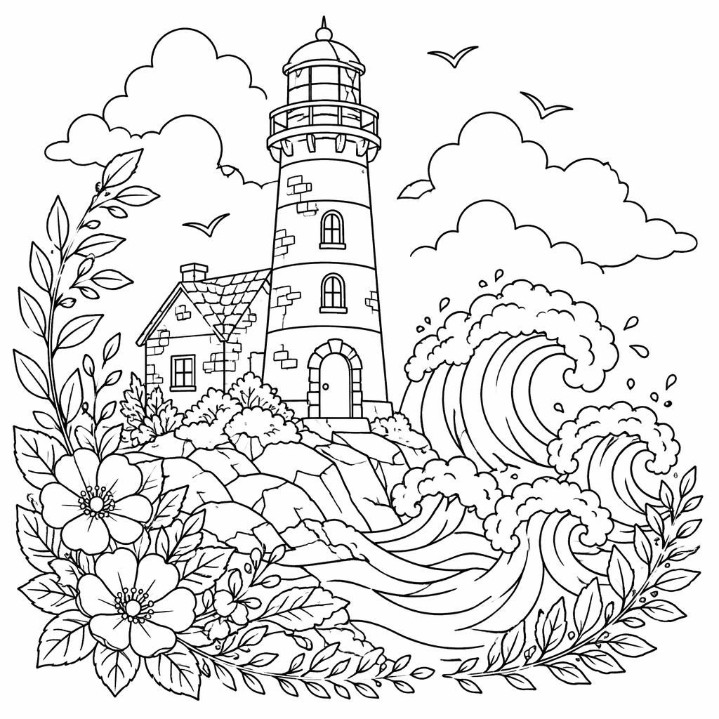 Illustration de coloriage en noir et blanc avec un phare, des vagues et des motifs botaniques, style adulte.