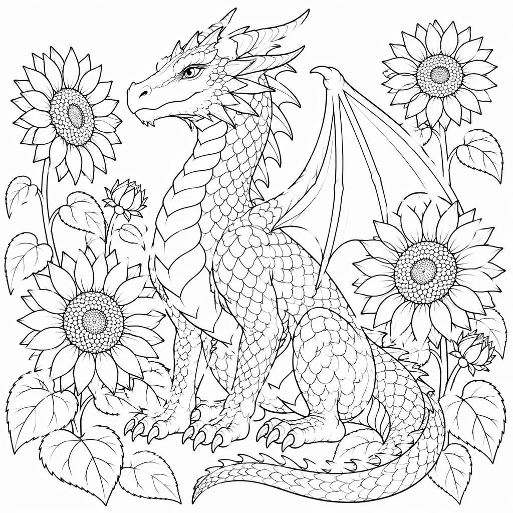 Schwarz-weiße Ausmalseite mit erwachsenem Fantasy-Drachen, Sonnenblumen und botanischen Linien auf weißem Hintergrund.