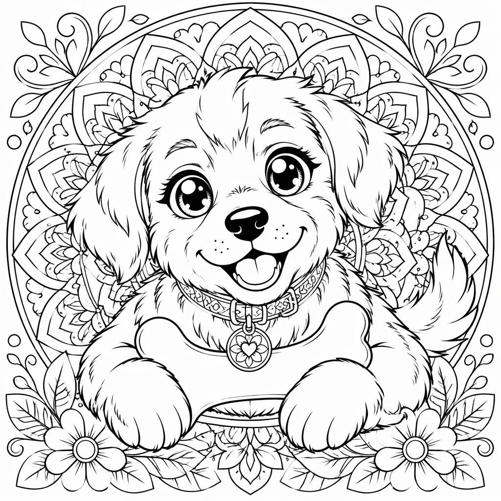 Schwarz-weiße Ausmalbild-Illustration eines niedlichen Hundes mit Knochen im detailreichen Manga-Stil.