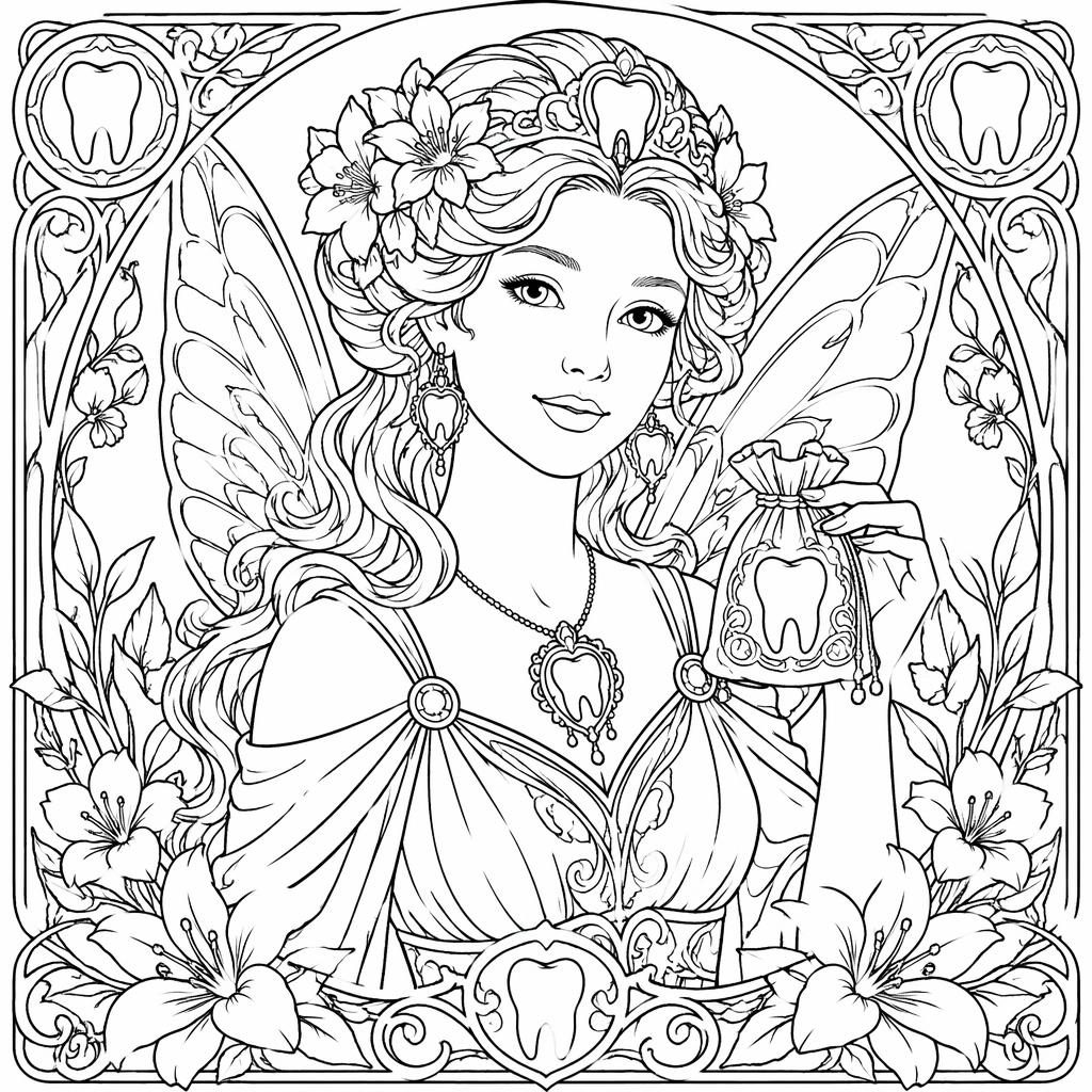 Schwarz-weiß Ausmalbild mit detailliertem Jugendstil-Frauenporträt und floralen botanischen Ornamenten.