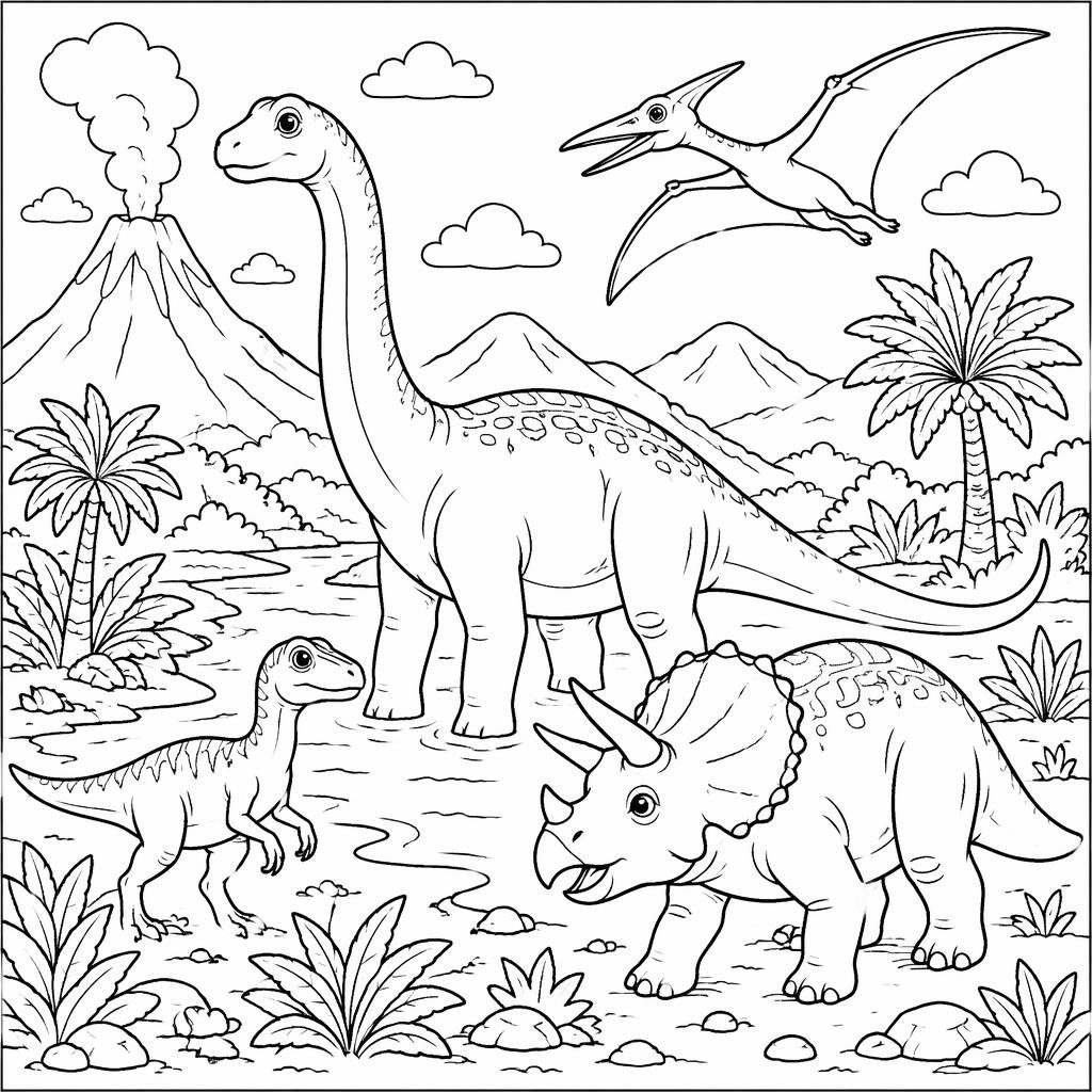 Illustration noir et blanc à colorier montrant plusieurs scènes de dinosaures pour enfants, en contours nets sur fond blanc.