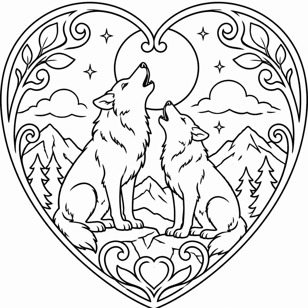 Black-and-white coloring page of adult wolves howling at the moon in chunky Art Nouveau line art for young kids.
