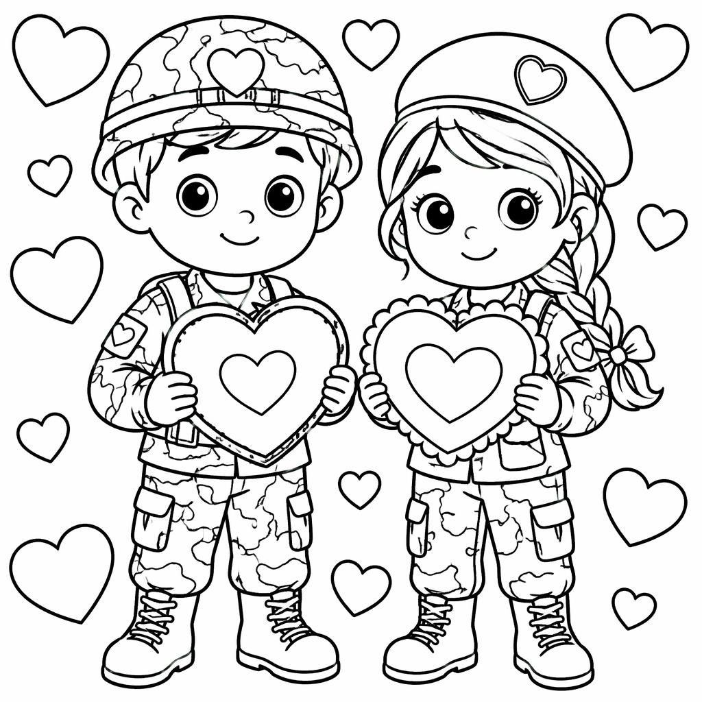 Ilustración para colorear en blanco y negro con corazones de San Valentín estilo caricatura para niños.