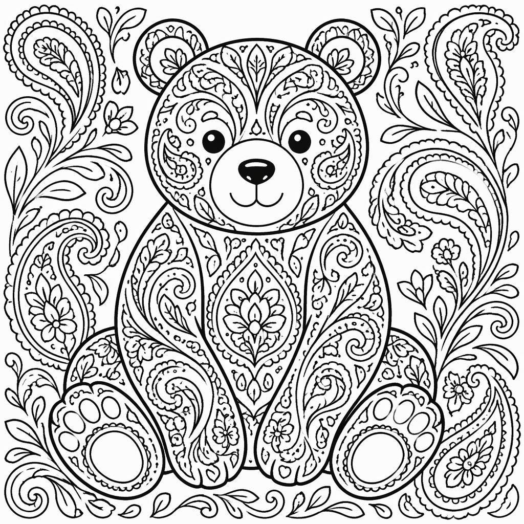 Black-and-white coloring page with an intricate paisley pattern design in clean bold outlines on a white background.