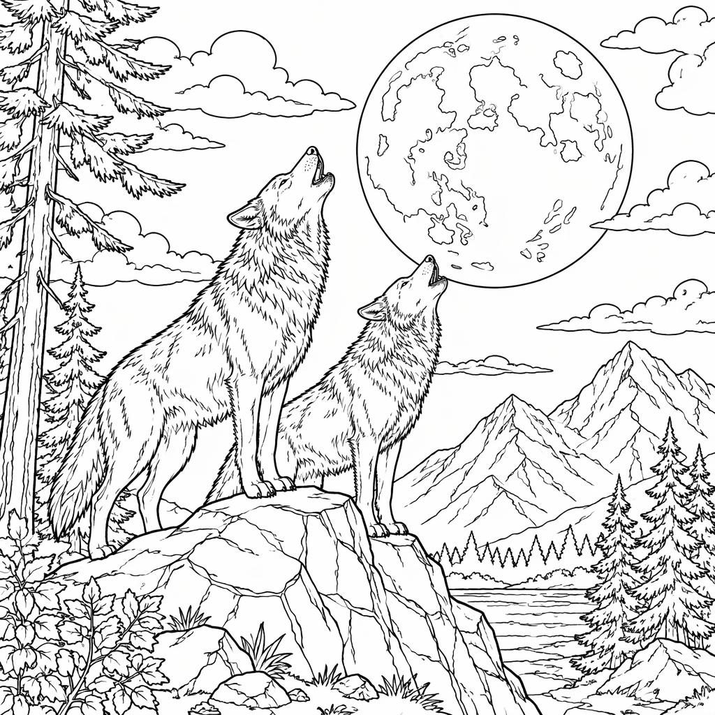 Ilustración para colorear en blanco y negro con lobos adultos aullando a la luna, en line art detallado.