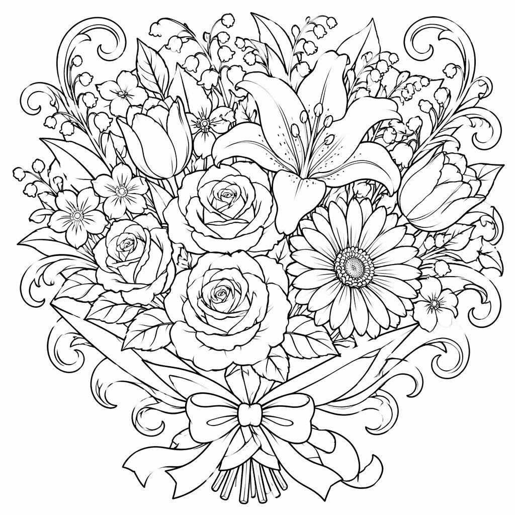Black-and-white adult coloring page of a detailed flower bouquet in Art Nouveau line art on a white background.