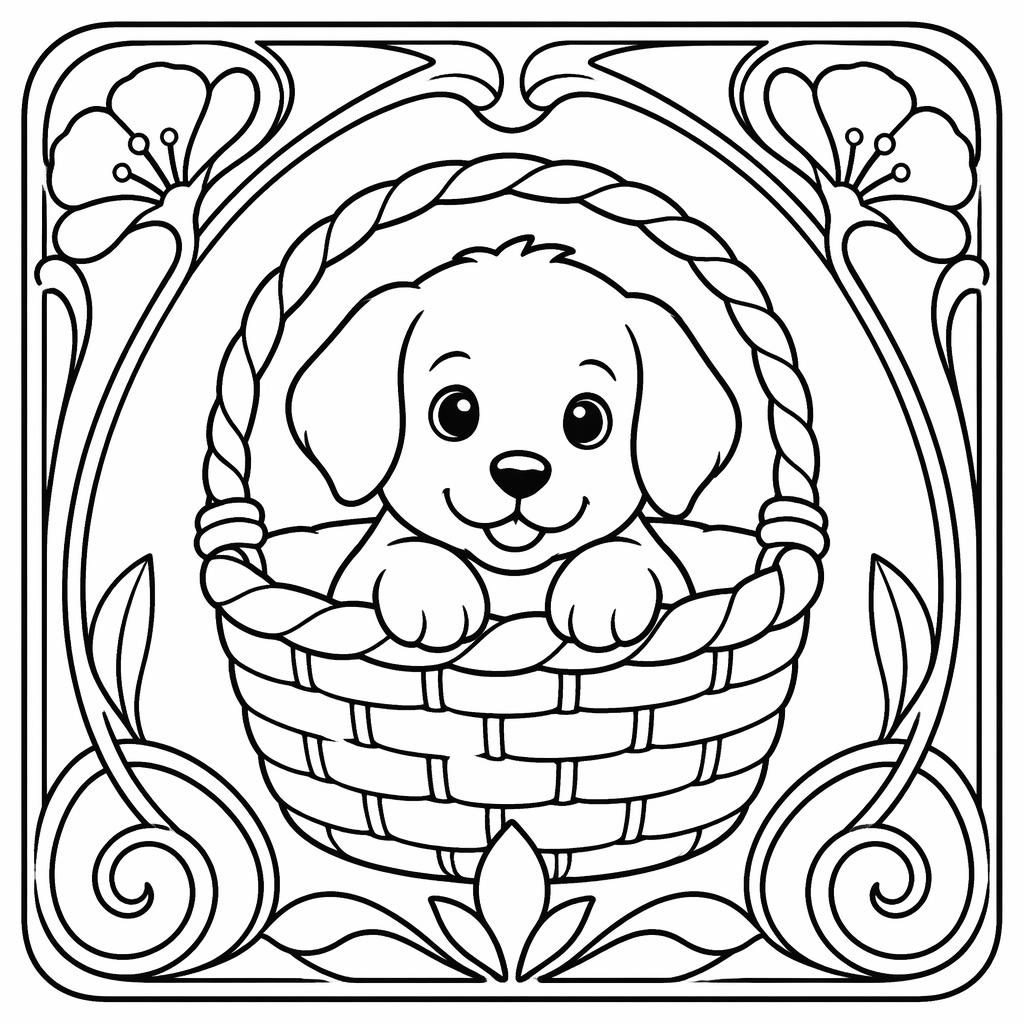 Ilustración en blanco y negro de un cachorro en una cesta, estilo art nouveau, con contornos simples para colorear.