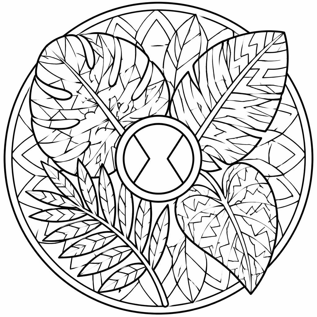 Black-and-white tropical leaves zentangle coloring page in a simple mandala style with bold outlines on a white background.
