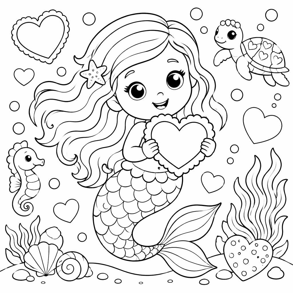 Ilustración infantil para colorear en blanco y negro con corazones de San Valentín y estilo caricatura tierno.
