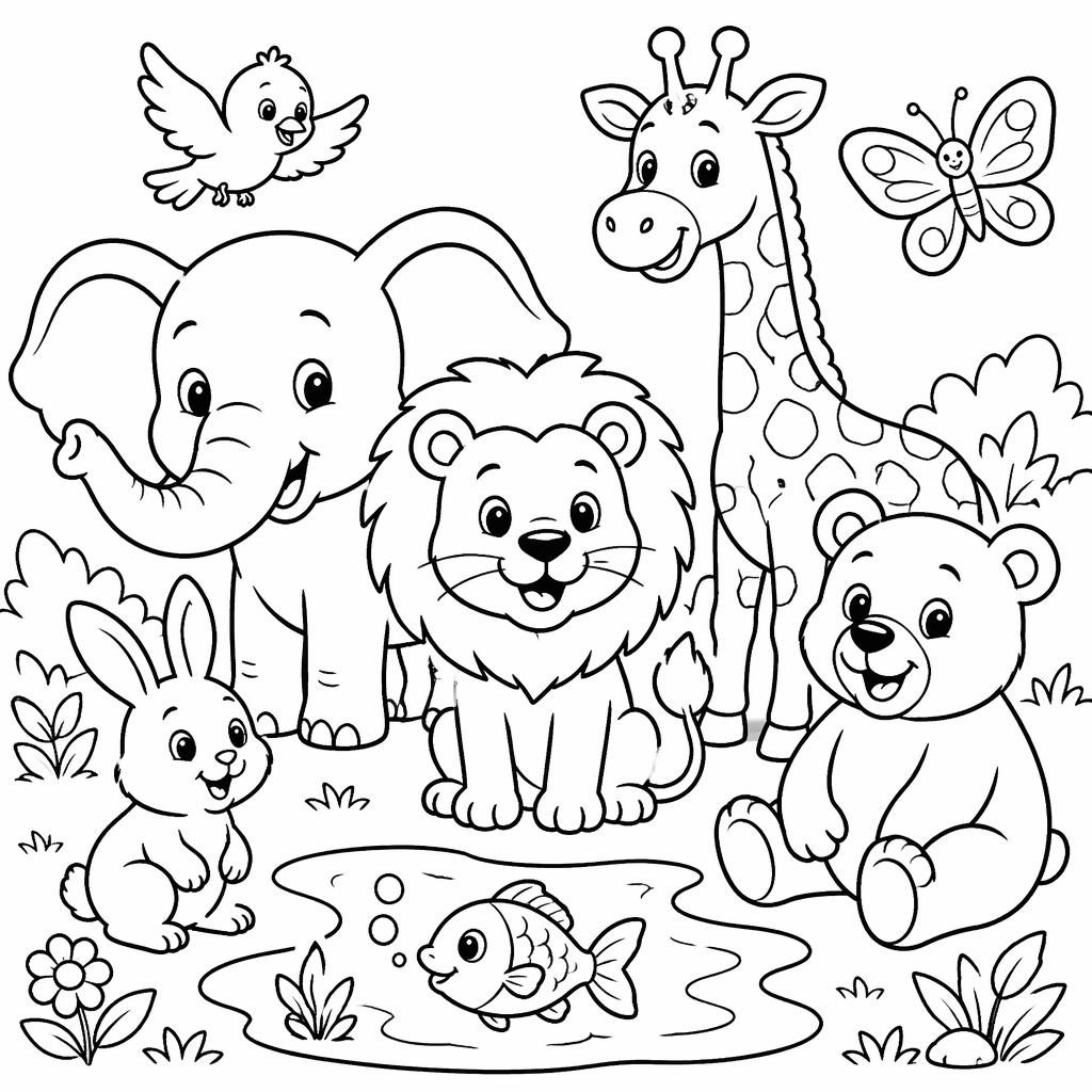 Zwart-wit kleurplaat met leeuw, olifant, giraffe, konijn, beer, vogel, vis en vlinder in cartoonstijl.