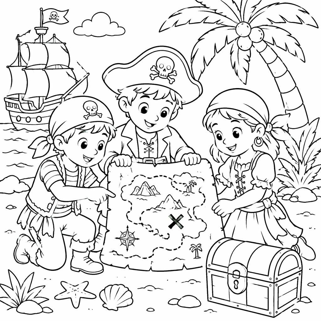Schwarz-weiße Ausmalseite mit Kindern als Piraten und Schatzkarte, klare Konturen, detailreich, druckbar.