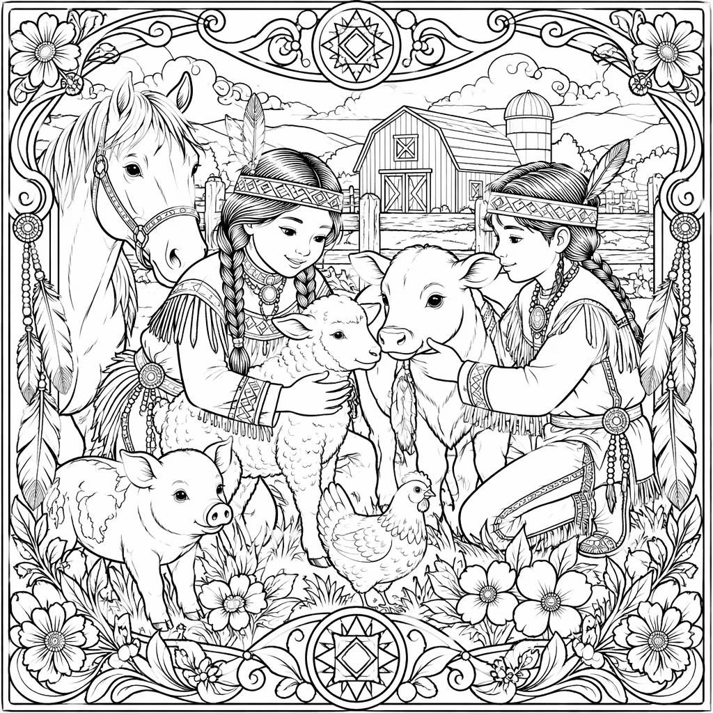 Black-and-white coloring page with a detailed farm animals scene for kids in an Art Nouveau line-art style.