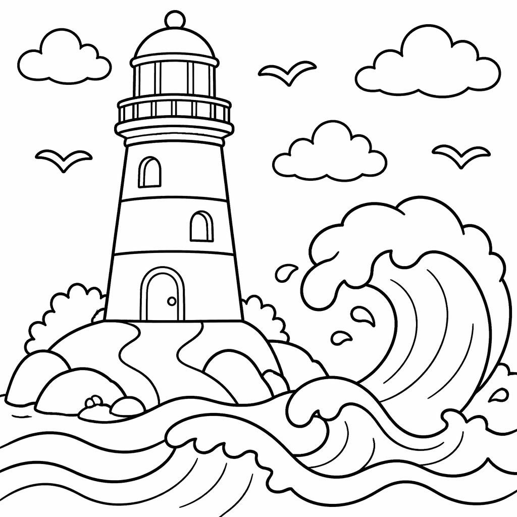 Black-and-white coloring page with a cute cartoon lighthouse and simple waves in chunky outlines for young kids.