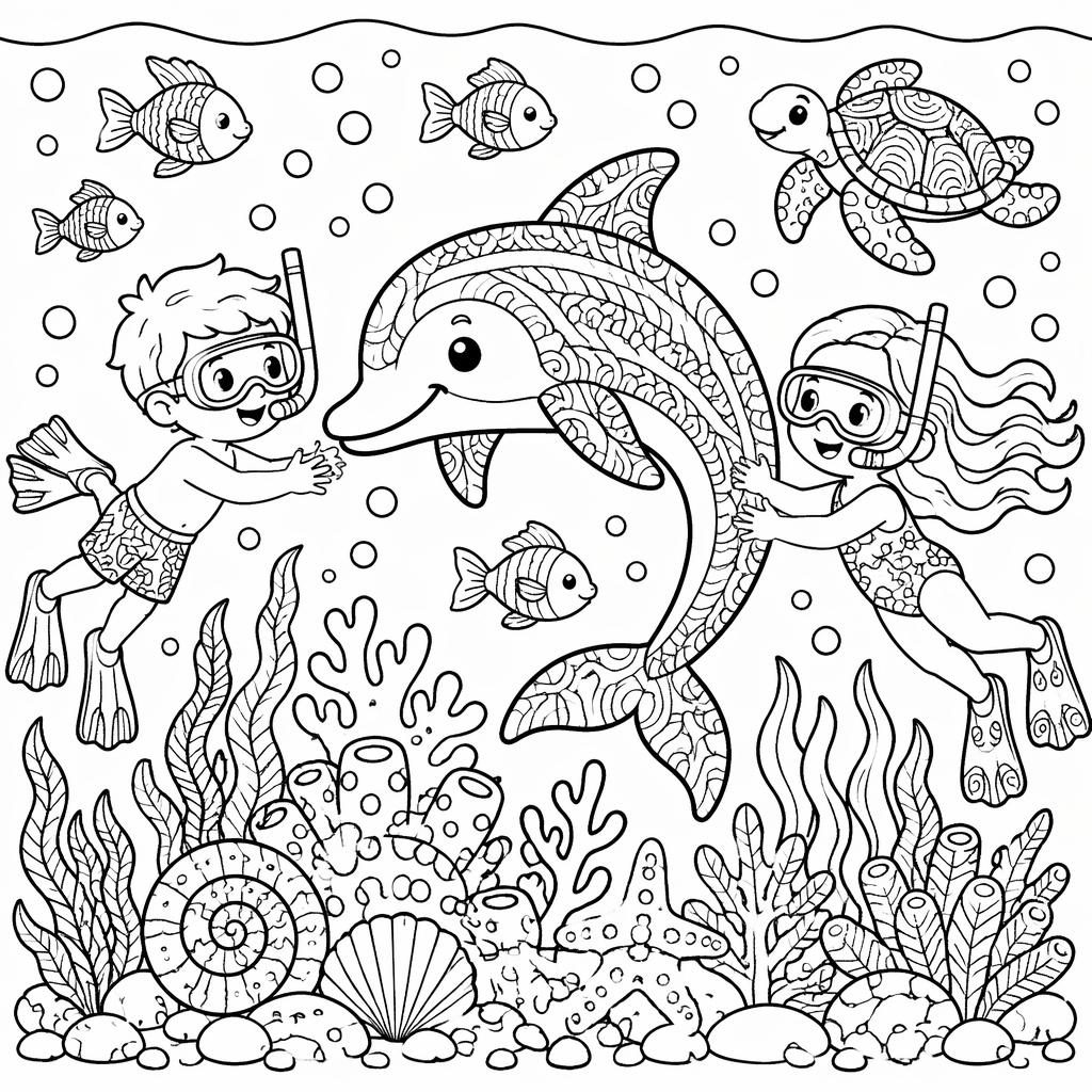 Schwarz-weißes delfin ausmalbild mit Unterwasserwelt, Fischen, Korallen und kindgerechten Mustern.
