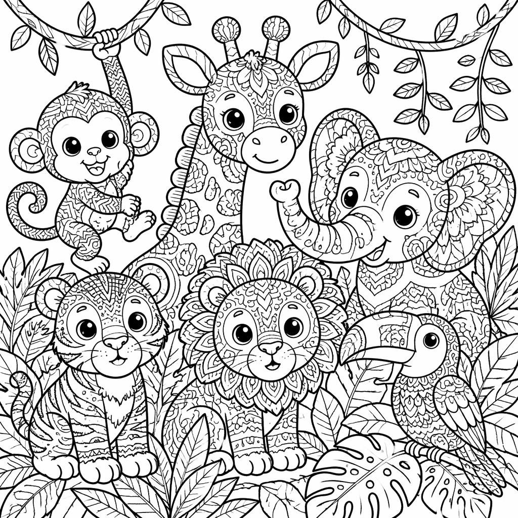 Ilustración para colorear en blanco y negro de animales de la selva para niños, con detalles tipo mandala.