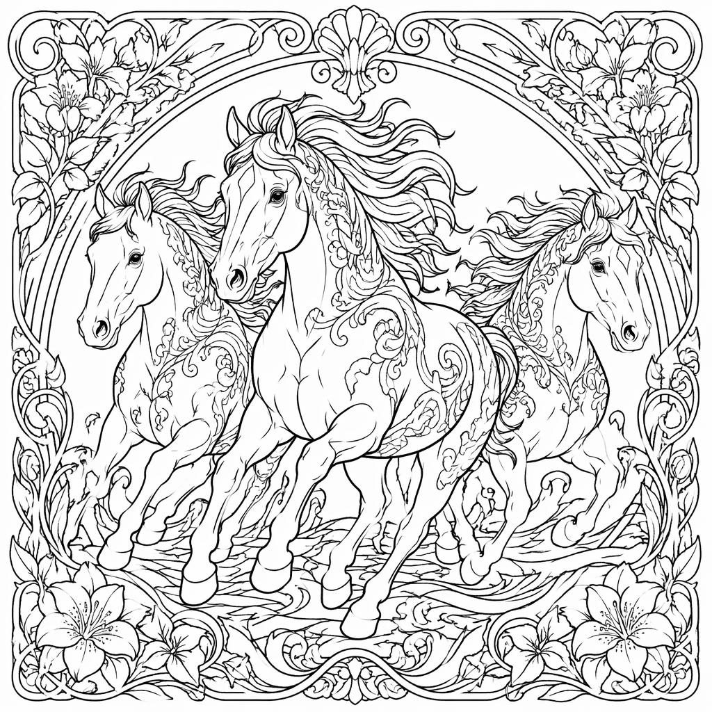 Ilustración para colorear en blanco y negro de caballos corriendo con detalles intrincados estilo art nouveau.