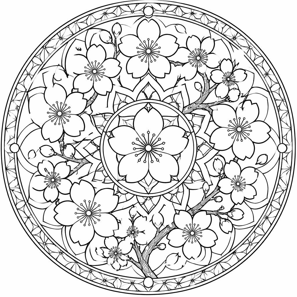 Illustration noir et blanc d’une fleur de cerisier japonaise style mandala, contours nets, prête à colorier.
