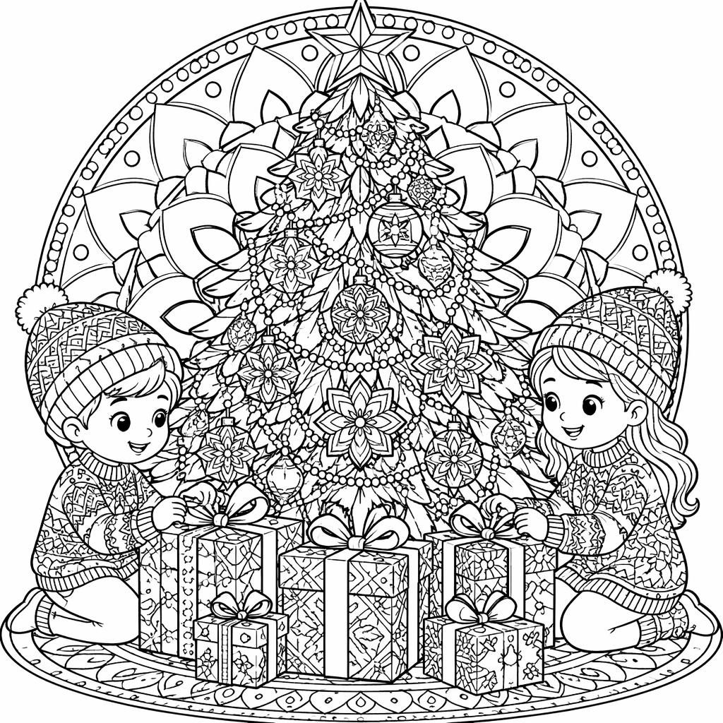 Black-and-white coloring page of kids by a Christmas tree with presents in a detailed mandala line-art style.