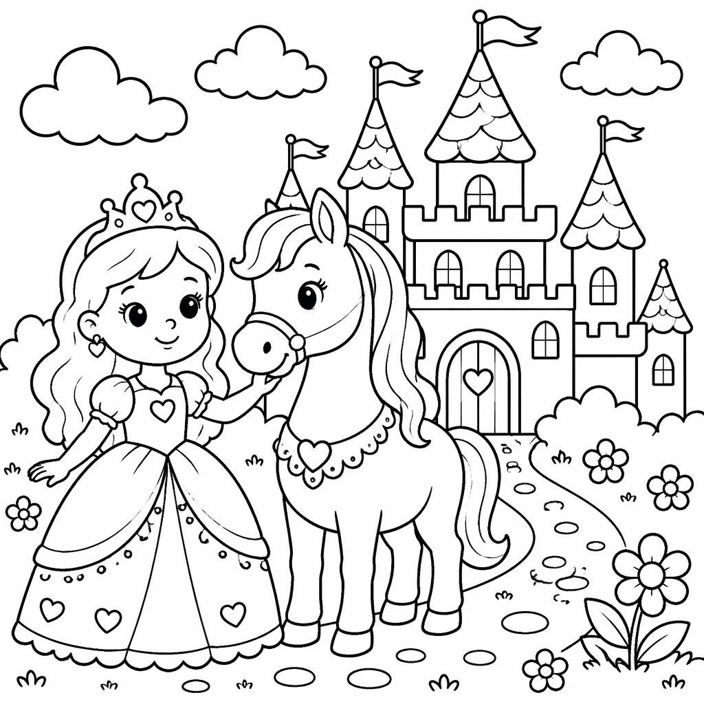 Illustration noir et blanc d’un château de princesse féerique pour enfants, avec chevaux, contours épais et style doodle.