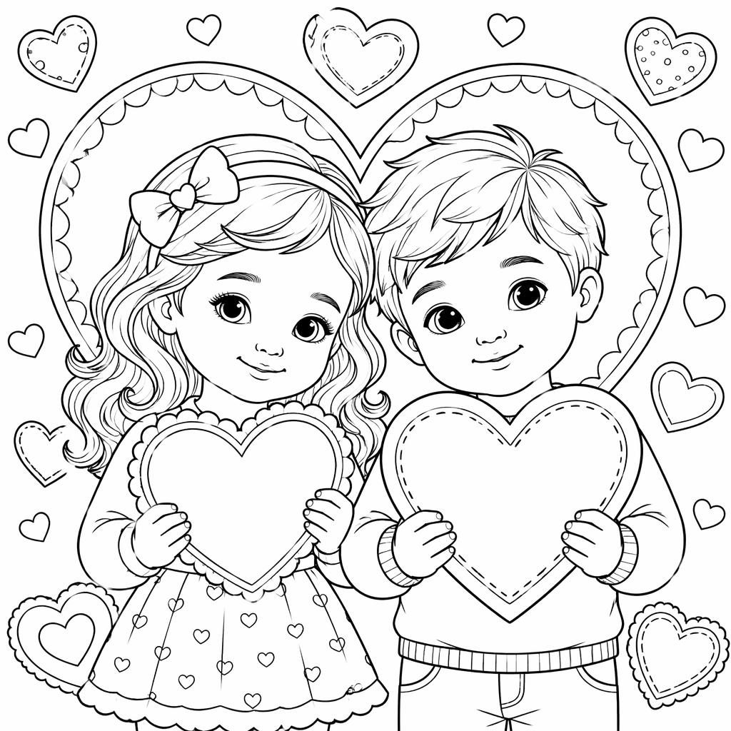 Ilustración en blanco y negro con corazones de San Valentín para niños, estilo realista y líneas limpias para colorear.