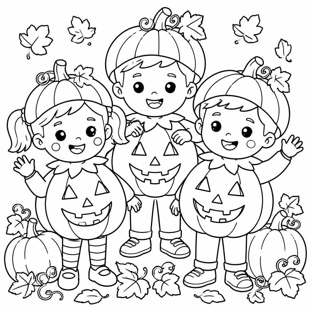 Black-and-white coloring page with cute cartoon kids and halloween pumpkins in simple printable line art.