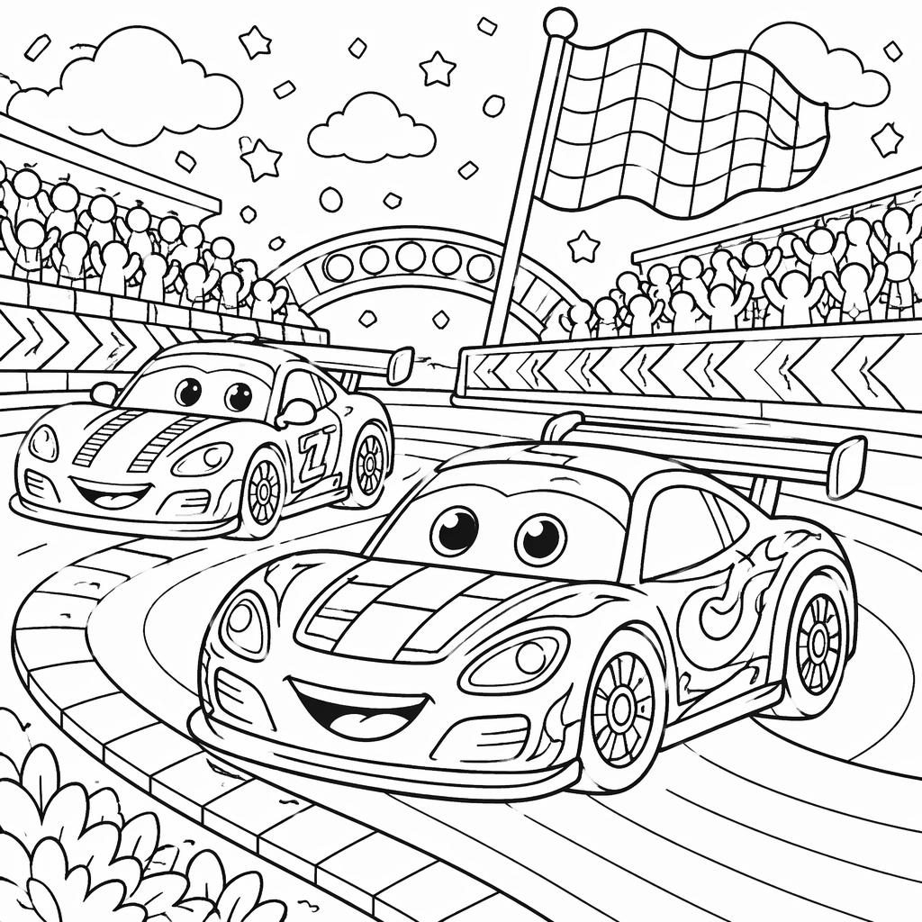 Ilustración en blanco y negro de coches de carreras infantiles estilo cartoon, con contornos limpios y detalles para colorear.
