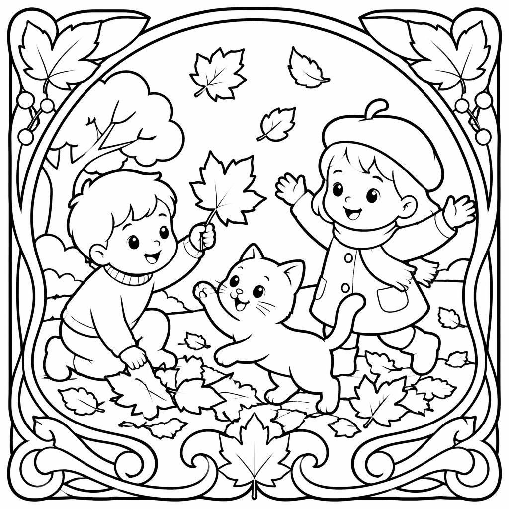 Illustration noir et blanc d’un chat joueur avec des enfants, style simple aux gros contours, page à colorier