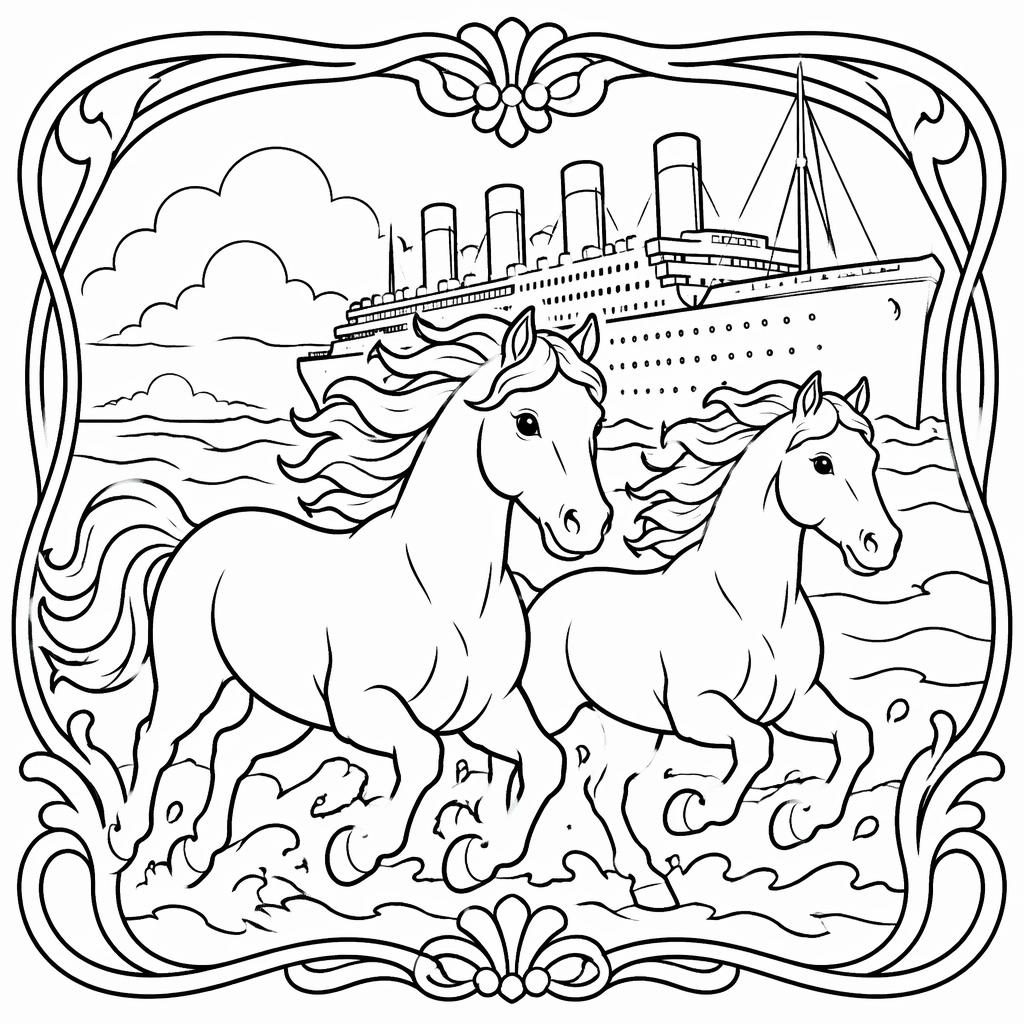 Schwarz-weiße Ausmalbild-Illustration mit mehreren laufenden Pferden in einfachen, dicken Konturen auf weißem Hintergrund.