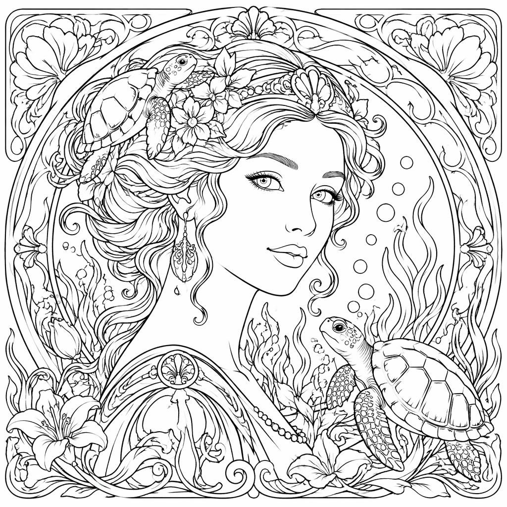 Black-and-white coloring page showing an art nouveau woman portrait with intricate decorative line art on a white background.