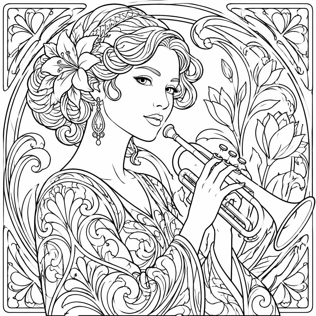 Retrato de mujer art nouveau en estilo zentangle, dibujo lineal en blanco y negro para colorear.