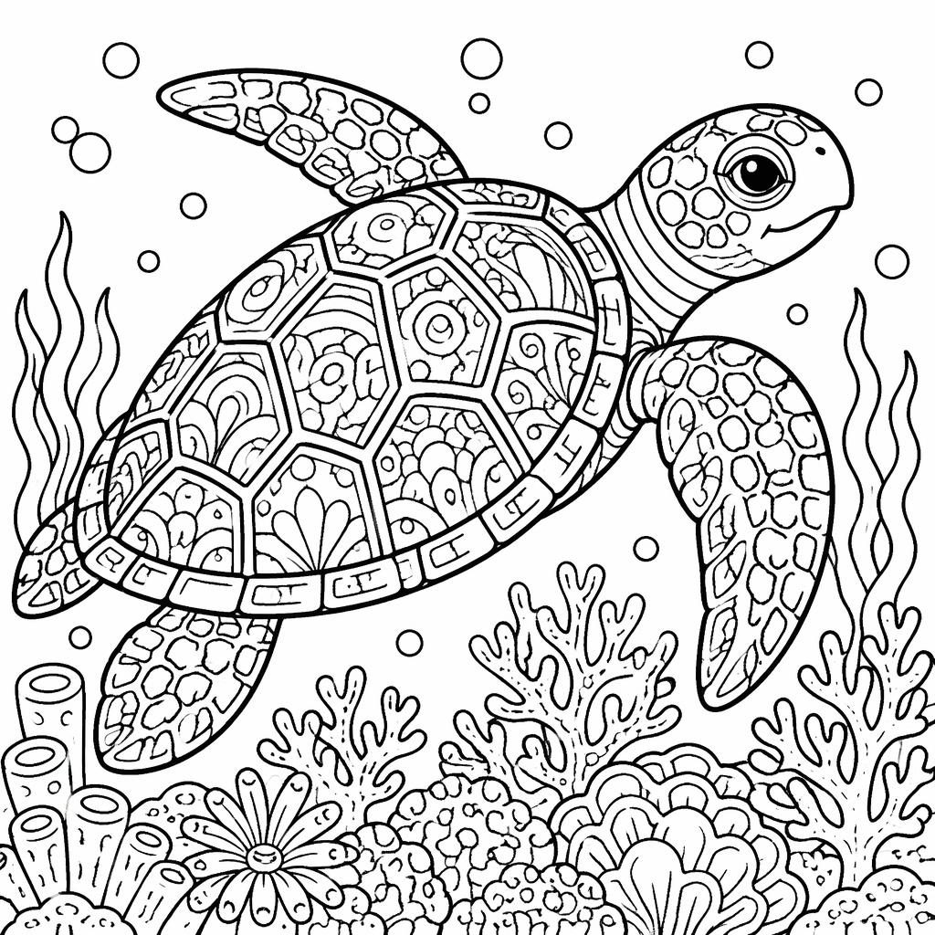 Černobílá omalovánka dospělé mořské želvy plující kolem korálového útesu v jednoduchém doodle stylu.