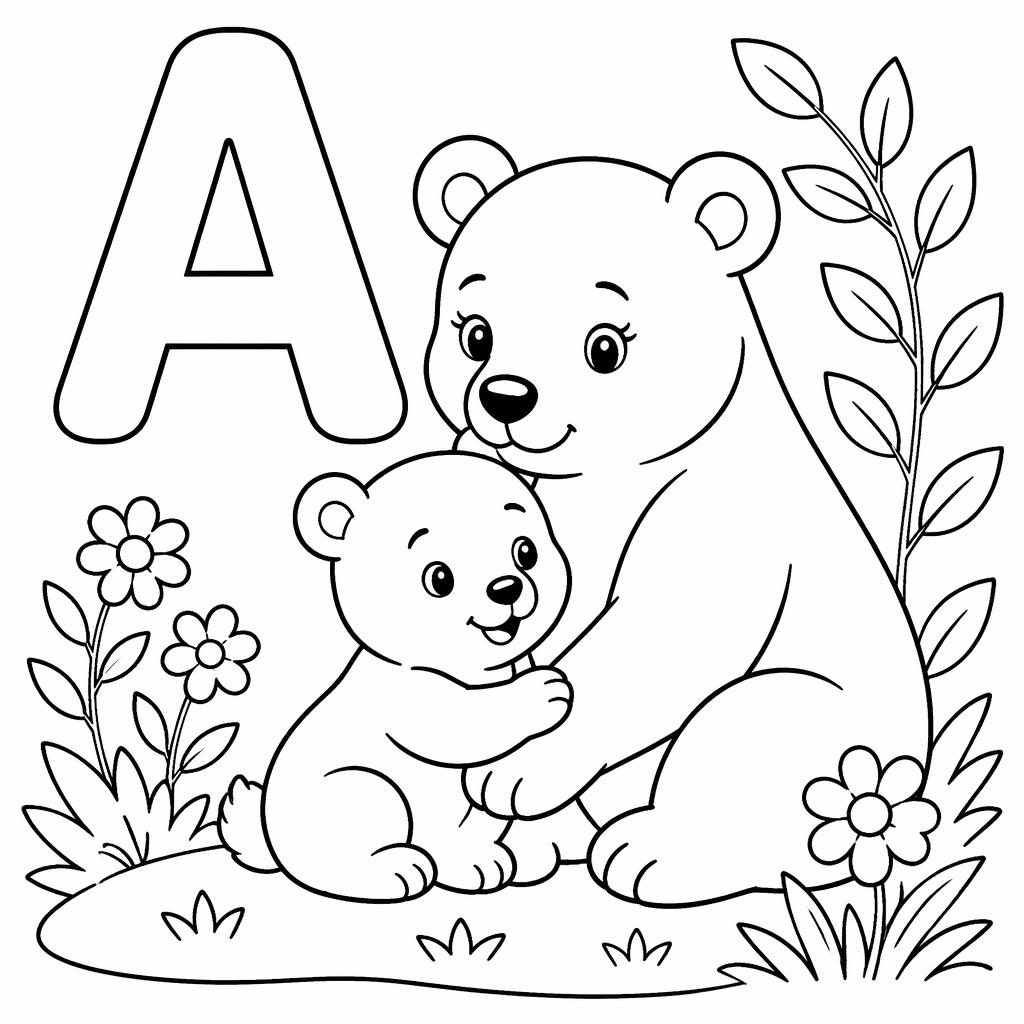 Black-and-white coloring page with mother and baby animals, simple botanical line art, clean outlines on white.