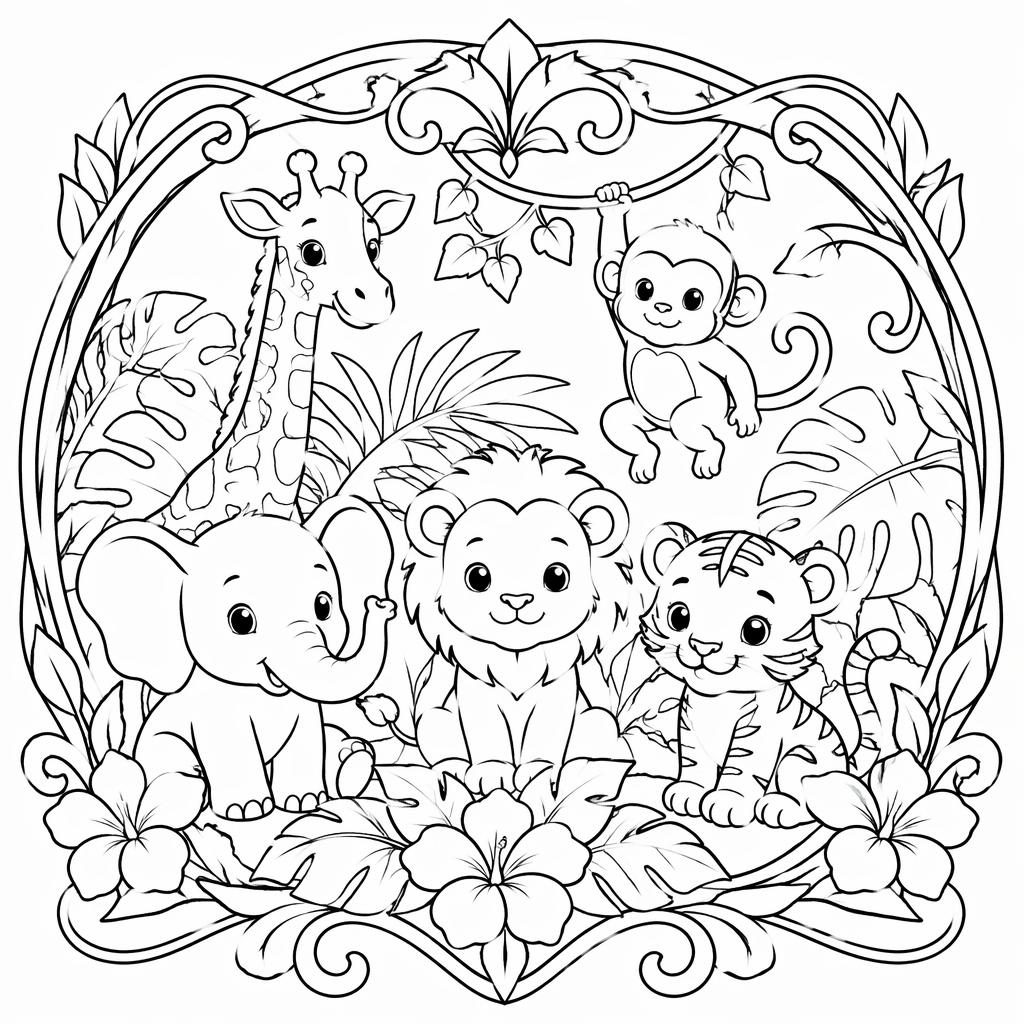 Schwarz-weiße Malvorlage mit Hase und freundlichen Dschungeltieren im Art-Nouveau-Linienstil für Kinder