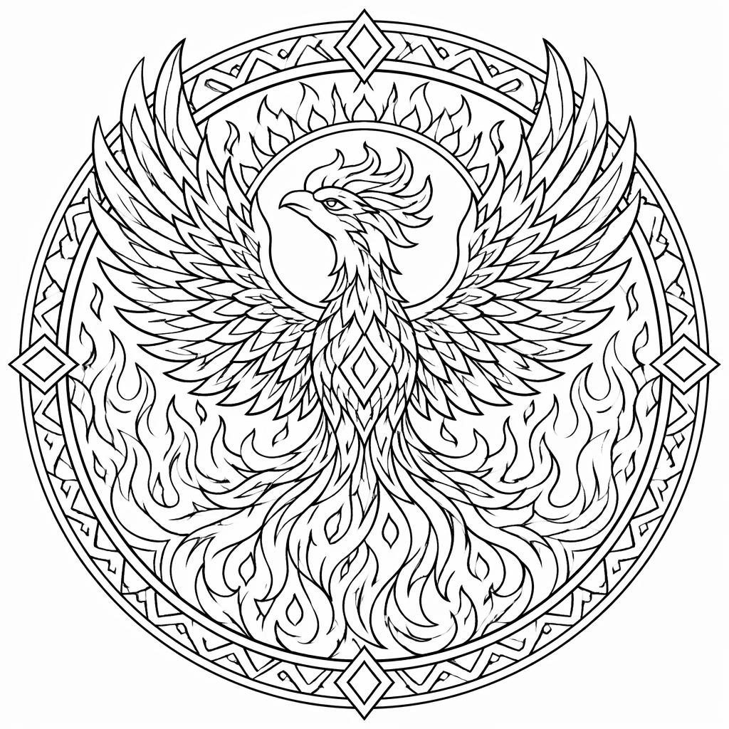 Ilustración para colorear en blanco y negro de un fénix con llamas, estilo mandala geométrico para adultos.